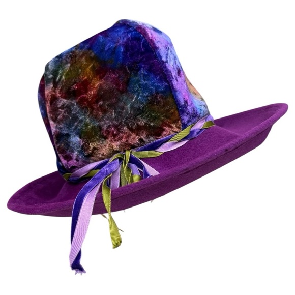 Vintage Gypsy Wizard Purple Wide Brim Hat Crushed Velvet Crown Ribbon Union Made - Picture 12 of 12